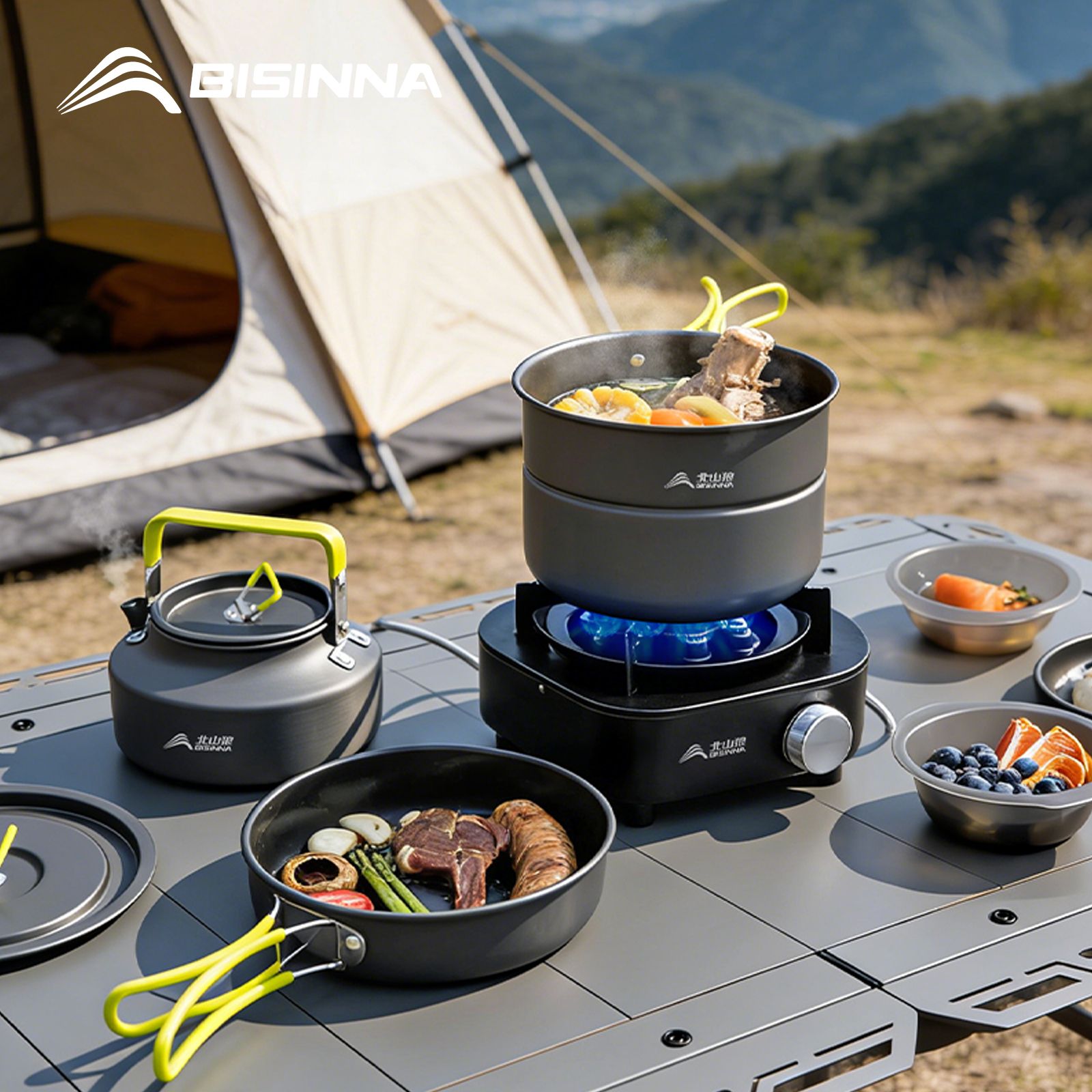 Nesting Camping Cooking Set - BISINNA Camping Cookware Set Aluminum Nesting