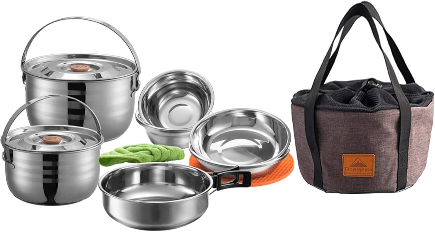 Nesting Camping Cooking Set - Stainless Steel Camping Cookware Set with