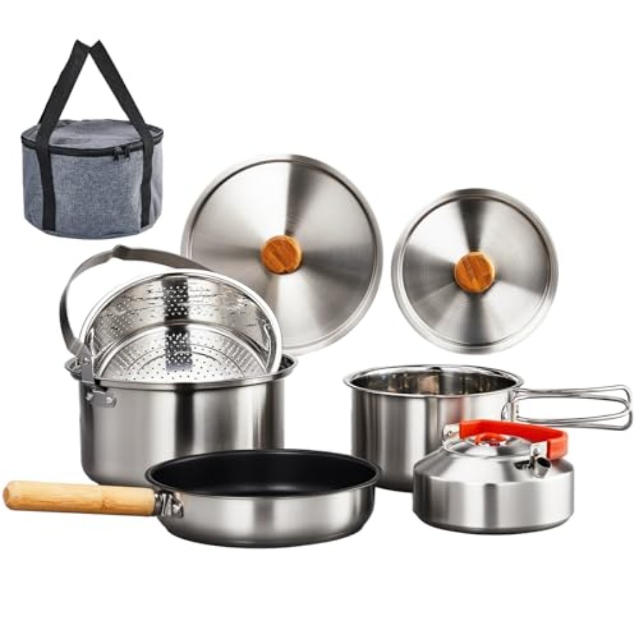 Nesting Camping Cooking Set - Camping Cookware Set Lightweight Stainless Steel